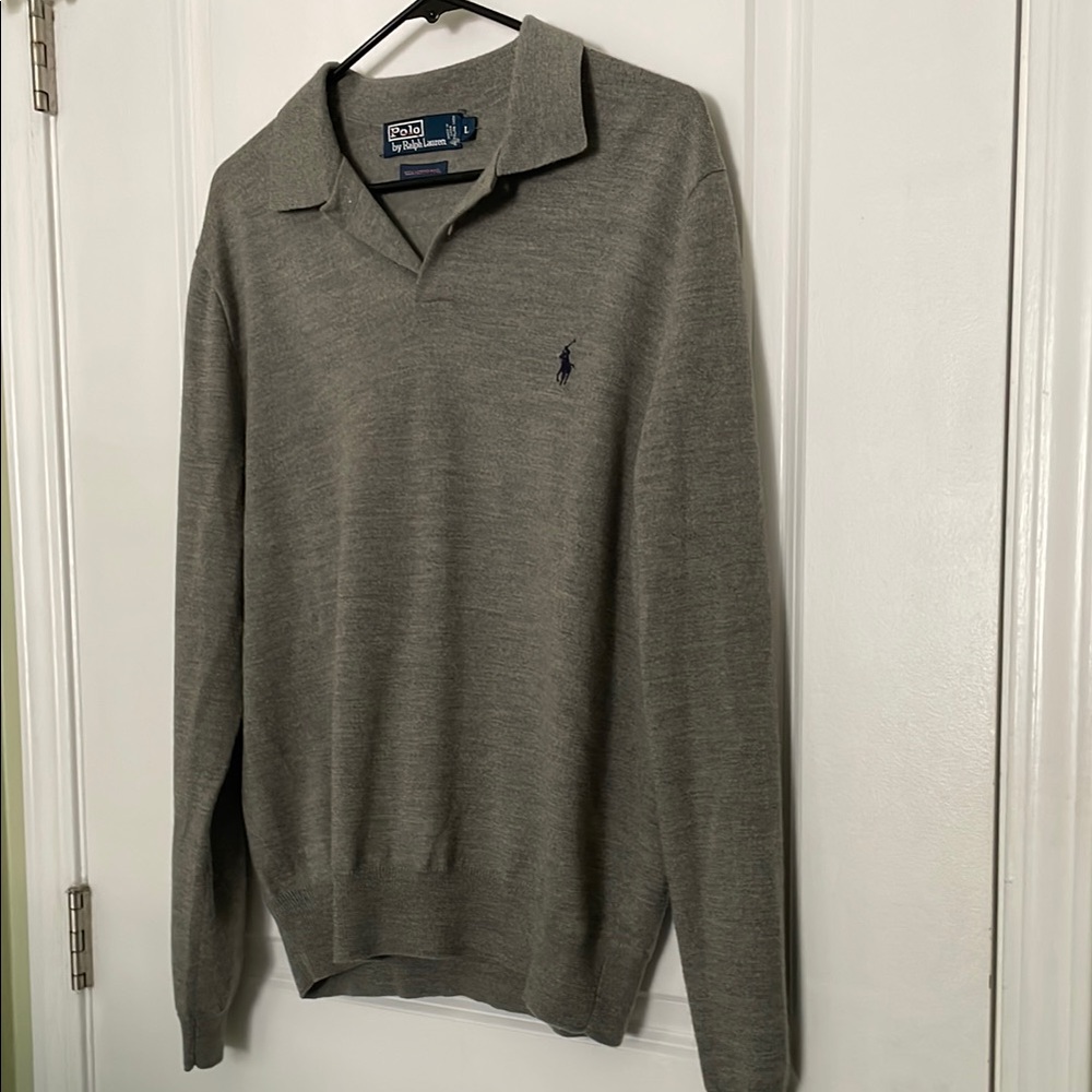 Polo by Ralph Lauren Wool Gray V-Neck Sweater with Ribbed Cuffs